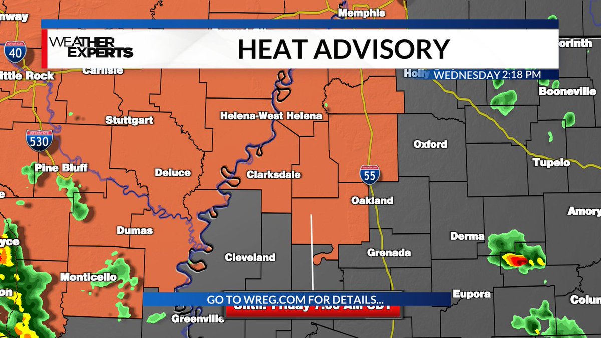 A Heat Advisory has been issued for some counties in the News Channel 3 viewing area until Jul 14 7:00AM CDT.  Stay tuned into WREG TV for the latest weather information. #HEATADVISORY