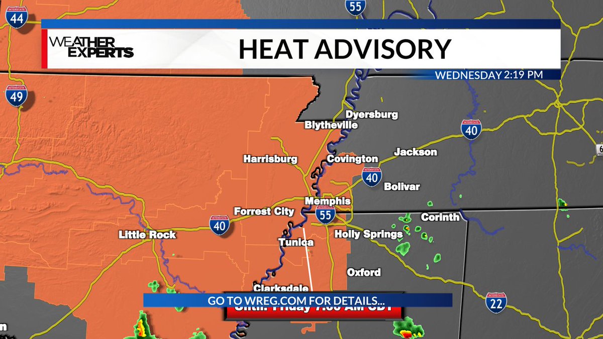 A Heat Advisory has been issued for some counties in the News Channel 3 viewing area until Jul 14 7:00AM CDT.  Stay tuned into WREG TV for the latest weather information. #HEATADVISORY