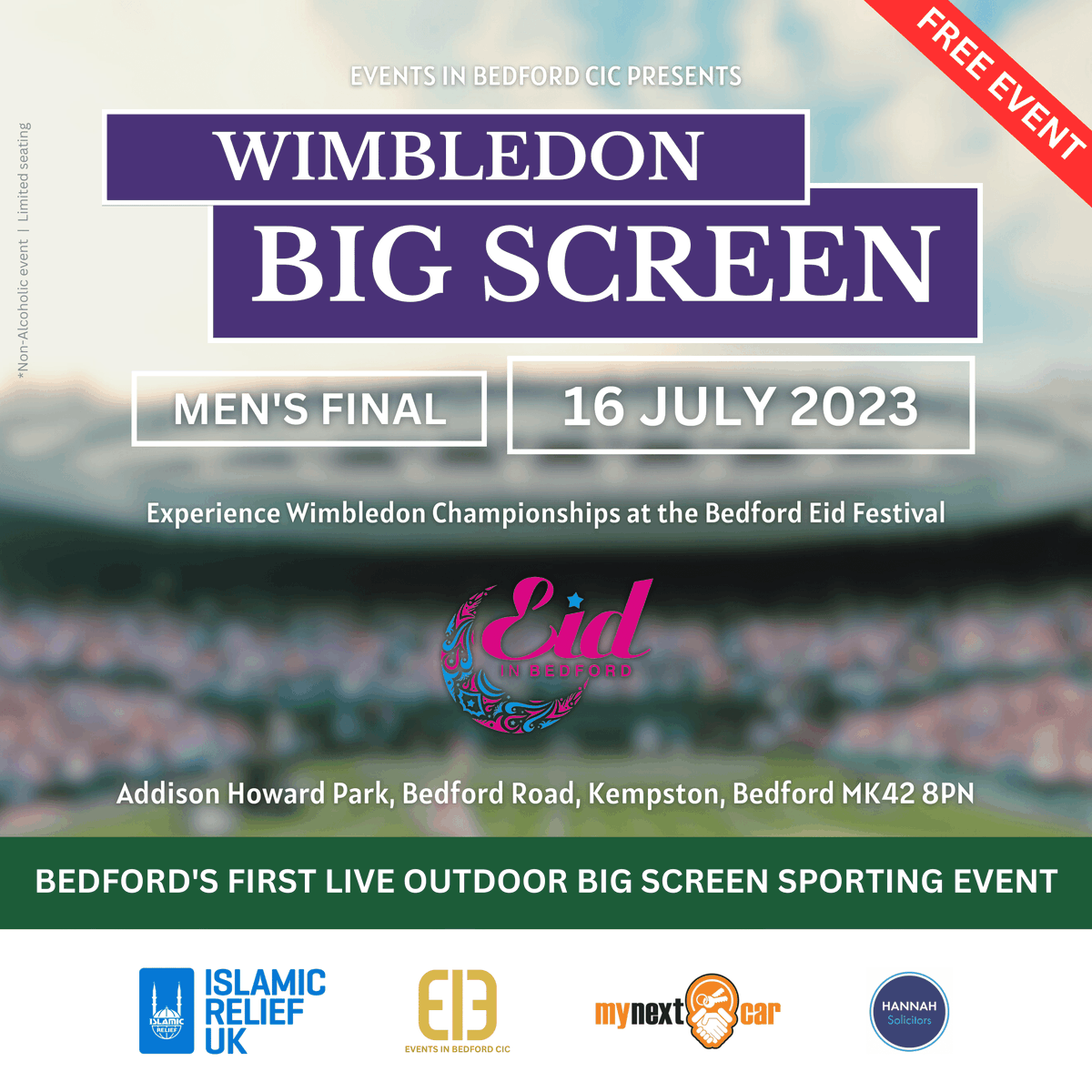 EidInBedford's tweet image. Watch every serve of the #WimbledonFinals live outdoors on a big screen at the #BedfordEidFestival - the only ace spot in #Bedford to watch the Men's finals! 🎾🥳 eidinbedford.co.uk

#eidinbedford #wimbledon