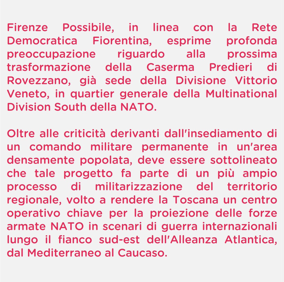 FI_Possibile's tweet photo. NO alla trasformazione della #Caserma #Predieri di #Rovezzano (Firenze) in quartier generale della Multinational Division South della #NATO.
#Firenze è da sempre una città di #pace e ci opporremo fermamente a qualsiasi tentativo di trasformarla in un luogo esportatore di #guerra. https://t.co/pPLMmvT2ym