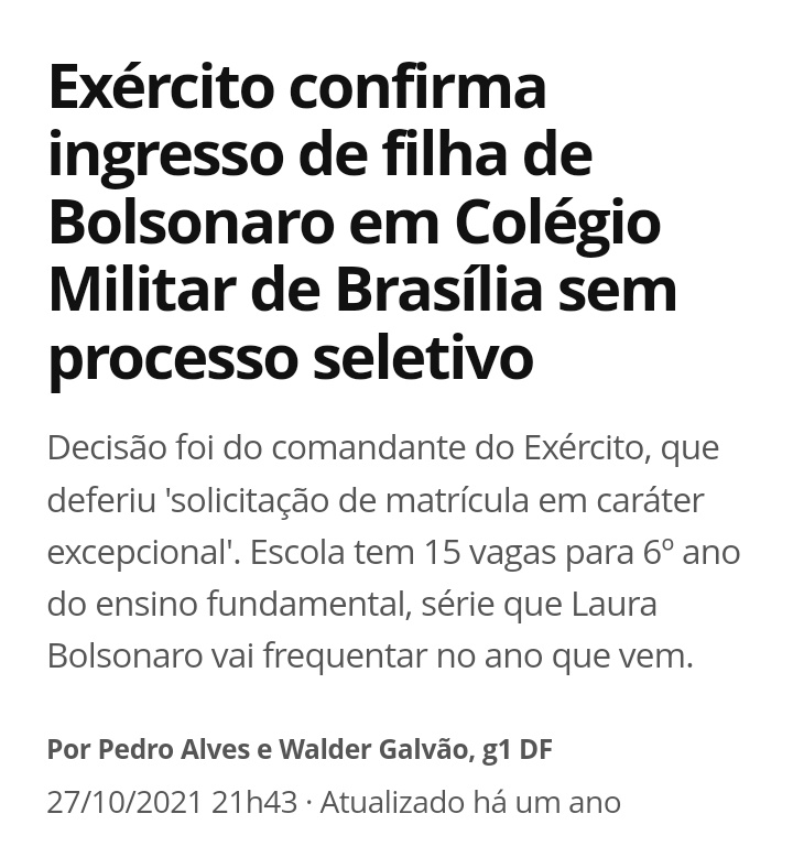 desmentindobozo's tweet photo. Após o governo Lula encerrar o programa de escolas cívico-militares

Expectativa:
"Bolsonaro estava providenciando para ser de acesso a todos"

Realidade:
Bolsonaro colocou a filha em Colégio Militar SEM processo seletivo e as escolas cívico-militares tem desempenho desconhecido https://t.co/Q4gdL1uiuI