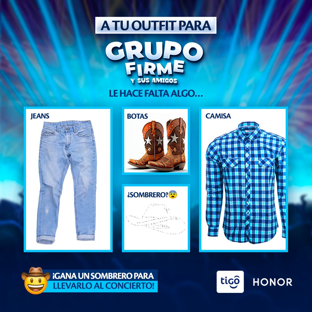 A tu outfit para el concierto de #GrupoFirme le hace falta un toque 🤠... ¡EL SOMBRERO! 🤠

Gana uno comentando el nombre de la canción, que esperas cantar a todo pulmón este 14 de julio. 🎤🤩

No olvides utilizar el hashtag #TigoConHonor. 👀 (Tendremos sorpresas para los