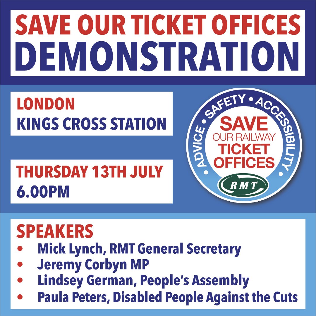 RMTunion's tweet photo. Join us at Kings Cross tomorrow at six; we're gonna make some noise!
Speakers include Mick Lynch, @paulapeters2 and @jeremycorbyn 
#SaveTicketOffices https://t.co/FvZSZmsp5I