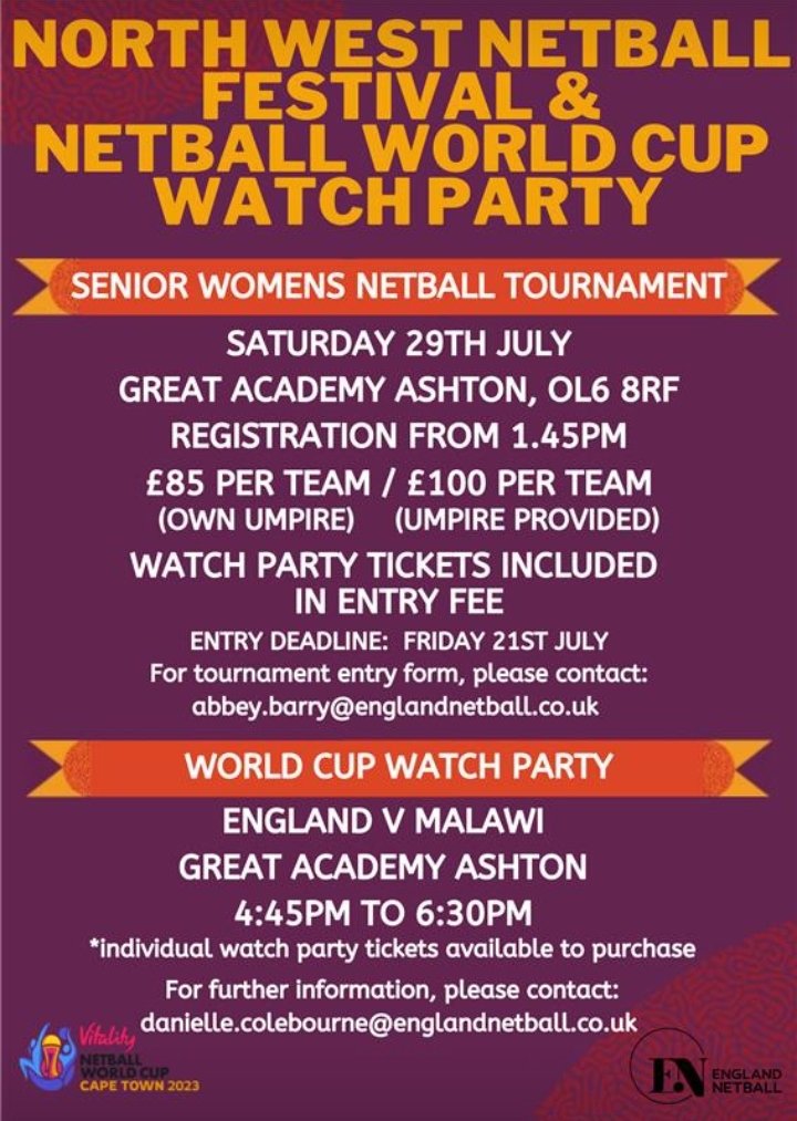 Calling all Northwest Netballers. Places filling up fast... To secure you spot at the tournament, email Abbey.Barry@englandnetball.co.uk