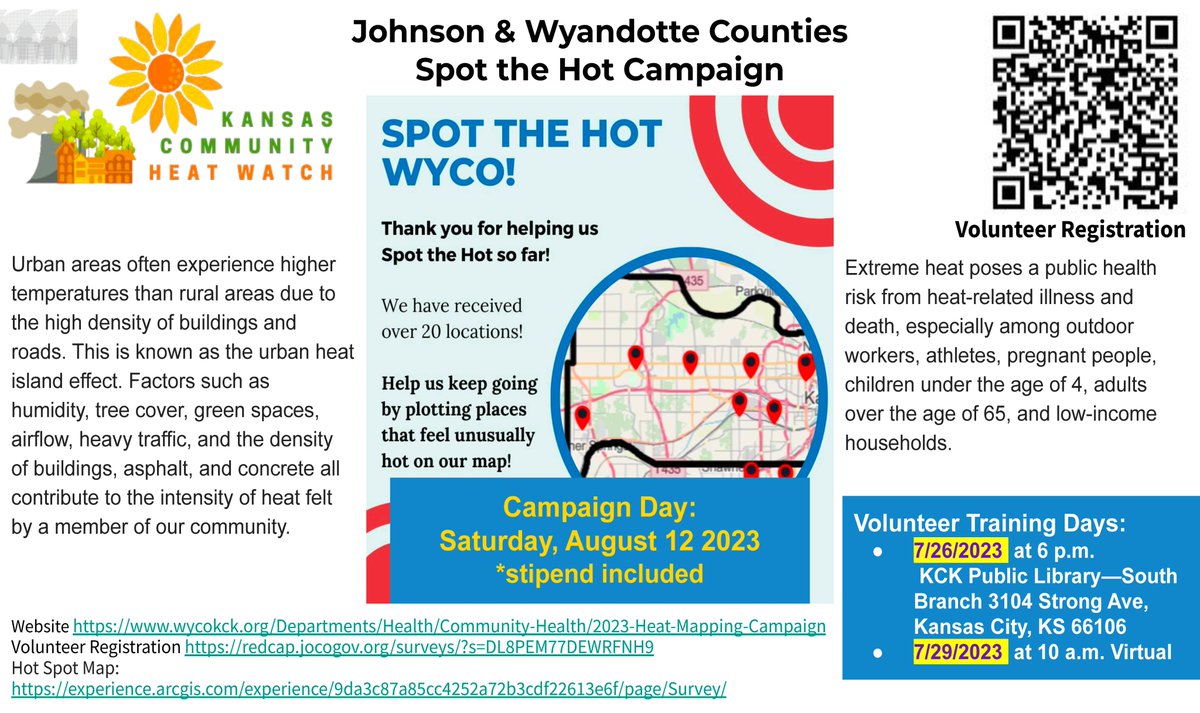 KCFarmSchool's tweet photo. Partner w/ @JOCOHealth and @UGHealthDept for the 2023 Urban Heat Mapping Campaign w/ @NOAA to identify hotspots to take action & reduce the health impacts of extreme heat. @HeatGov #CAPAHeatWatch #SpotTheHotWyJoKS Sign up to volunteer at https://t.co/i9AwlwtIpZ https://t.co/cIxJ5vR9Vj