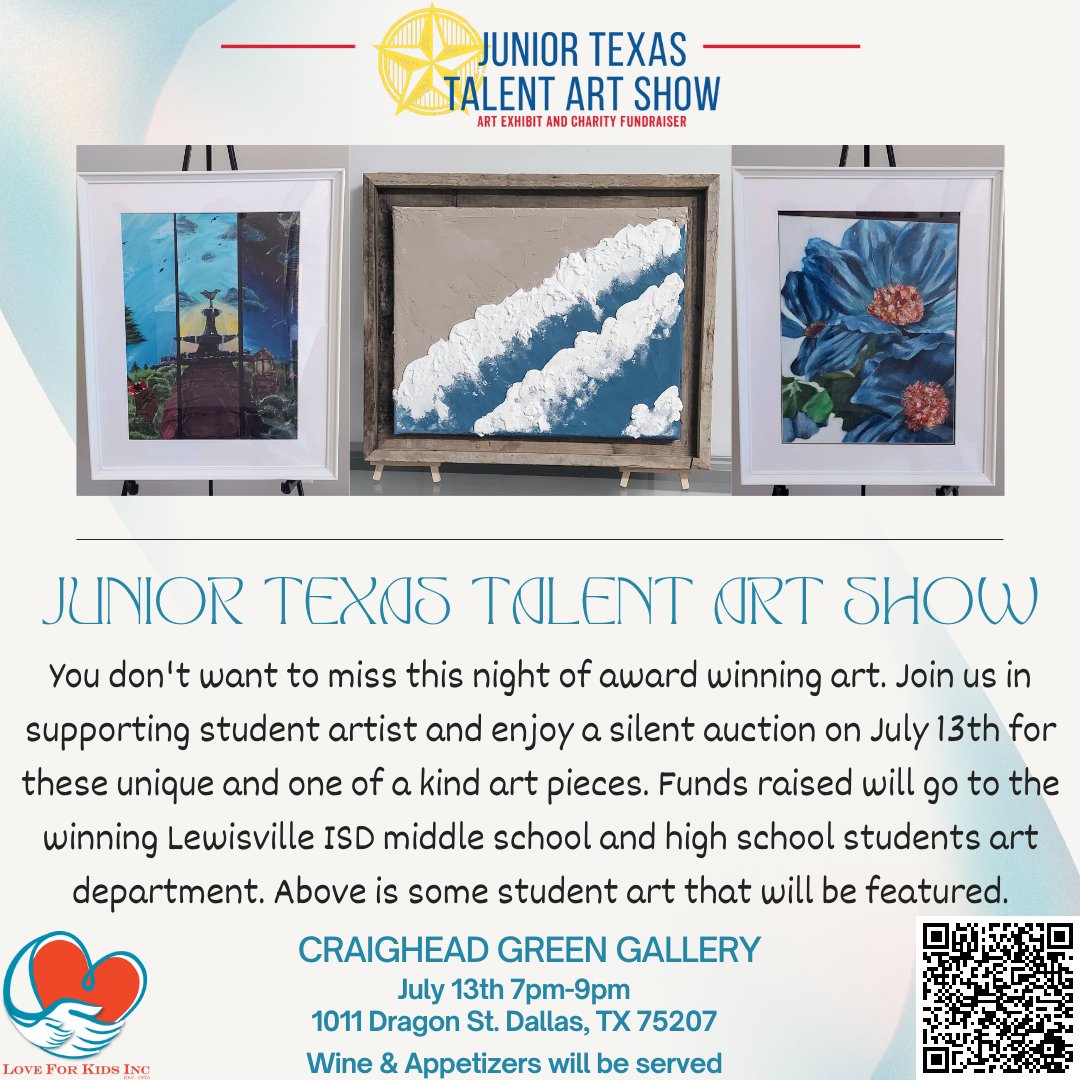 RSVP - loveforkidsinc.dm.networkforgood.com/forms/junior-t…

BONUS - You will also get an exclusive sneak peek of Craighead Green Galleries 30th annual New Texas Talent exhibition opening to the public on July 15th!