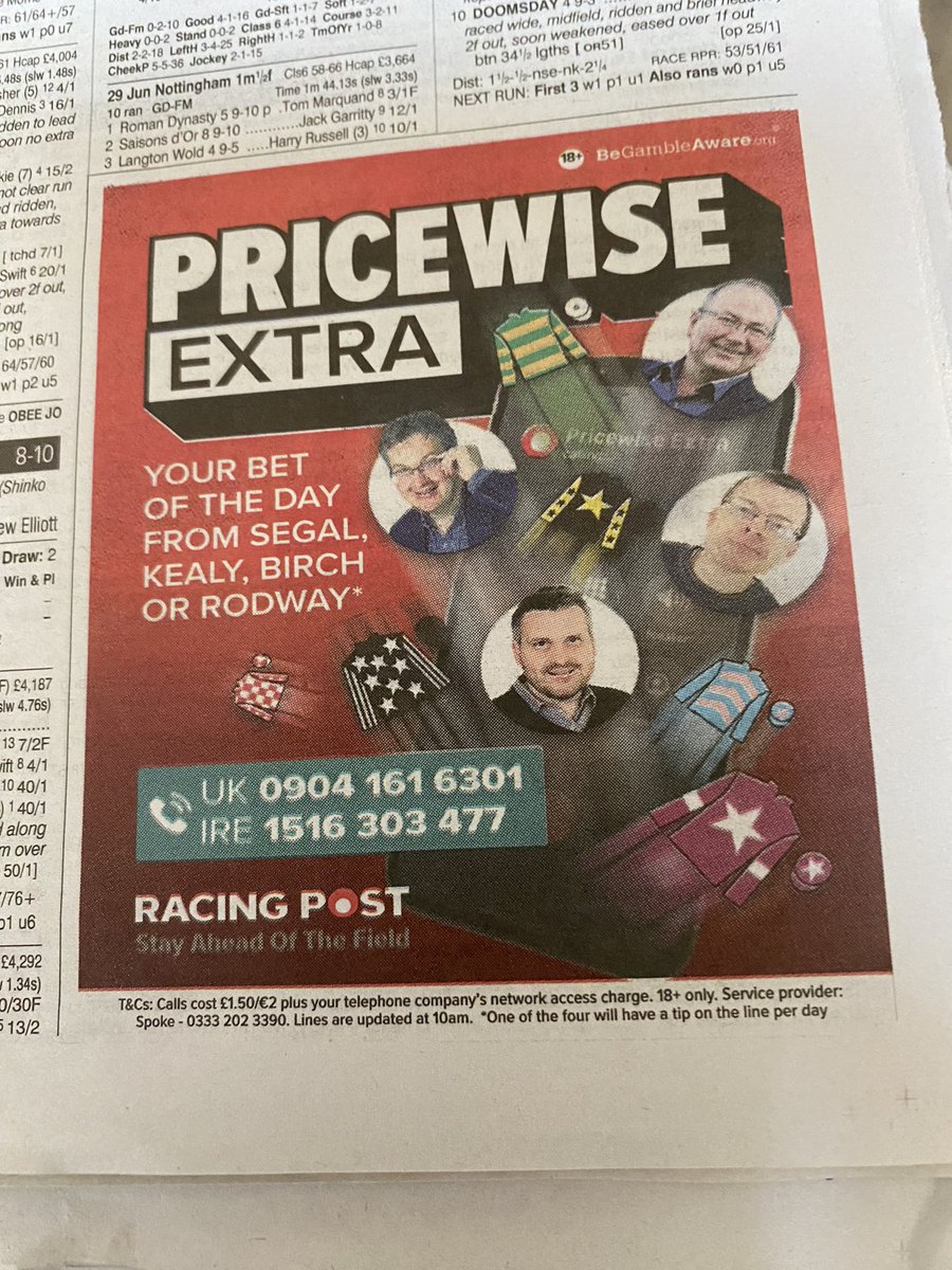 dave2482's tweet photo. Times must be very challenging for Spotlight Group @RacingPost premium lines, Birch, Rodway & Segal (Pricewise) still grifting! £1.50 / €2 per call. Subsidising their gambling habits via the trade rag which costs nearly a fiver a day? #Dontpayfortips https://t.co/G3wpHXeLki