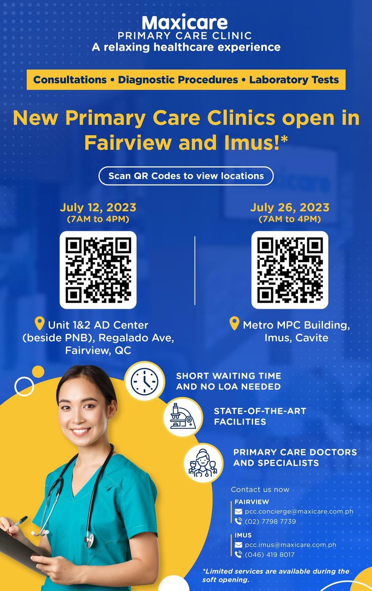 ana4maxicare's tweet photo. We're thrilled to announce the opening of not one, but TWO brand-new Maxicare Primary Care Clinics! 🏥🌟

📍July 12 - Unit 1&amp;2 AD Center, Regalado Ave, Fairview, Q.C.
📍July 26 - Metro MPC Building, Imus, Cavite

#Maxicare #maxicareprimarycareclinic #relaxinghealthcareexperience https://t.co/CC7oEGHlUZ