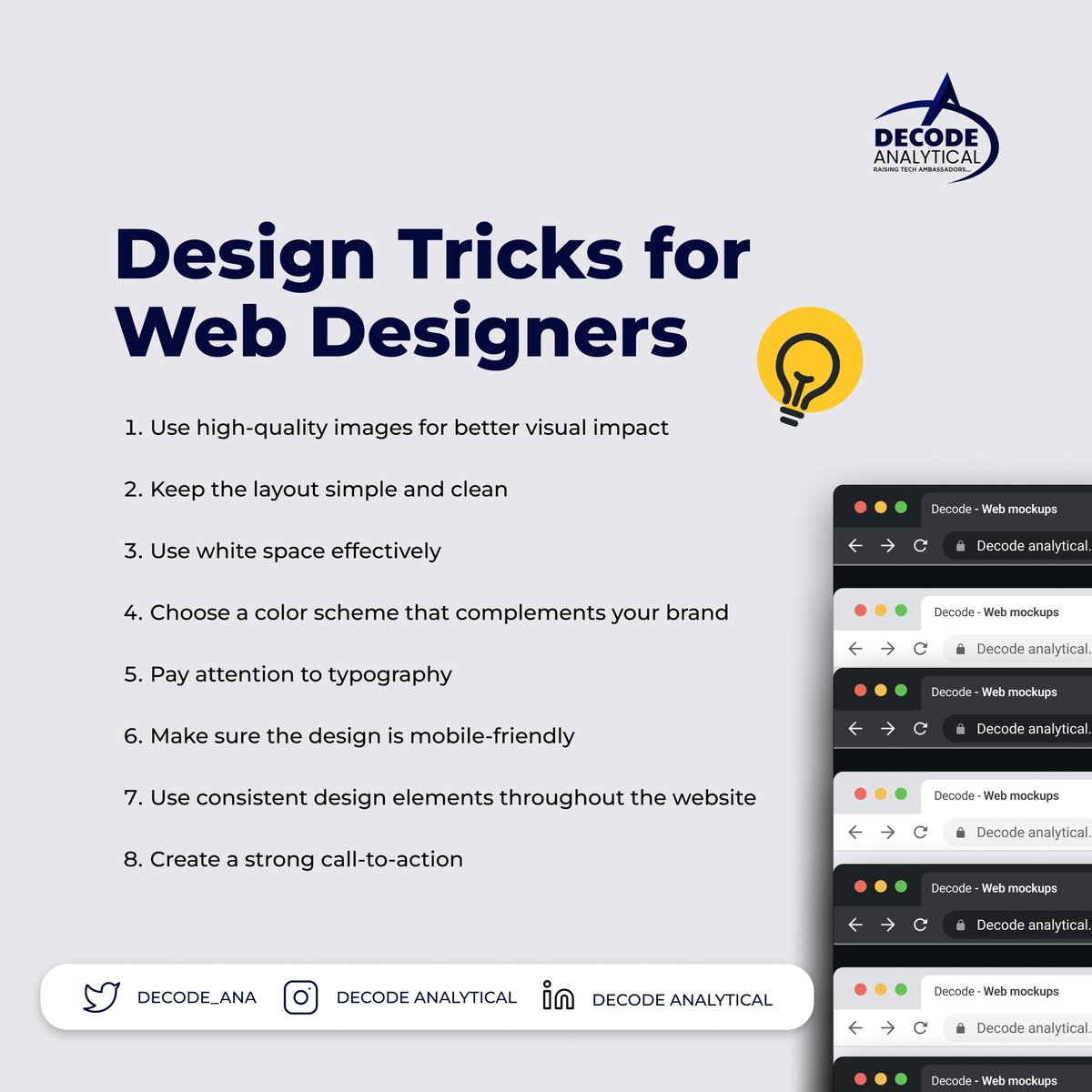 Decode_ana's tweet image. Make your website stand out with this design tips 

#designtips
#webdesign
#decodeanalytical
#webdesigner