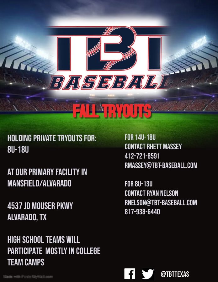 Fall tryouts are underway!  Teams 8-18U with spots available at AA, AAA, and Majors levels.  To register for a tryout, use link below:

tbttexas.leagueapps.com/events/3260670…

#TBTBaseball