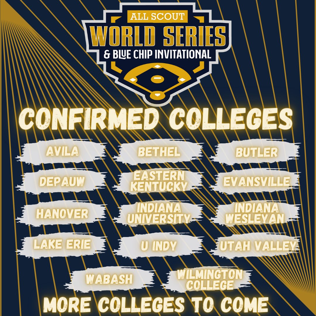 PastimeAllScout's tweet photo. Here is the updated list of confirmed colleges for the All Scout World Series & Blue Chip Invitational! More colleges to come!π€©
#AllScoutWorldSeries
#BlueChipInvitational https://t.co/0Qo2I7usLR