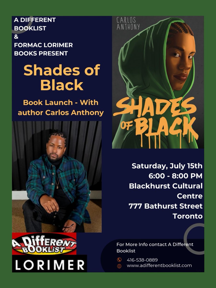 📚🚀🎉REMINDER - JULY 15 at @ADBCC777: We'll be launching with @LorimerBooks #YAnovel SHADES OF BLACK, by @carlosxanthony, 6pm. Author will be in conversation with educator Michelle Muir. There will be a live reading + opportunity to get your book signed - join the celebration!📚