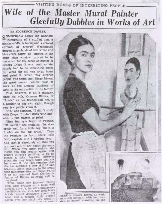 Found this post somewhere, photo from 1933 newspaper article on artist Frida Kahlo 

"Gleefully Dabbles", wow incredible