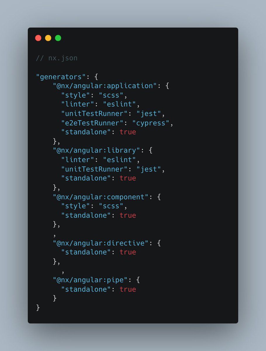 You want to make sure your team always generates new apps, components, directives and pipes as standalone in your <a href="/NxDevTools/">Nx</a> <a href="/angular/">Angular</a> monorepo? Make it the default in nx.json!

Now you don't have to think about adding --standalone to your commands anymore.
