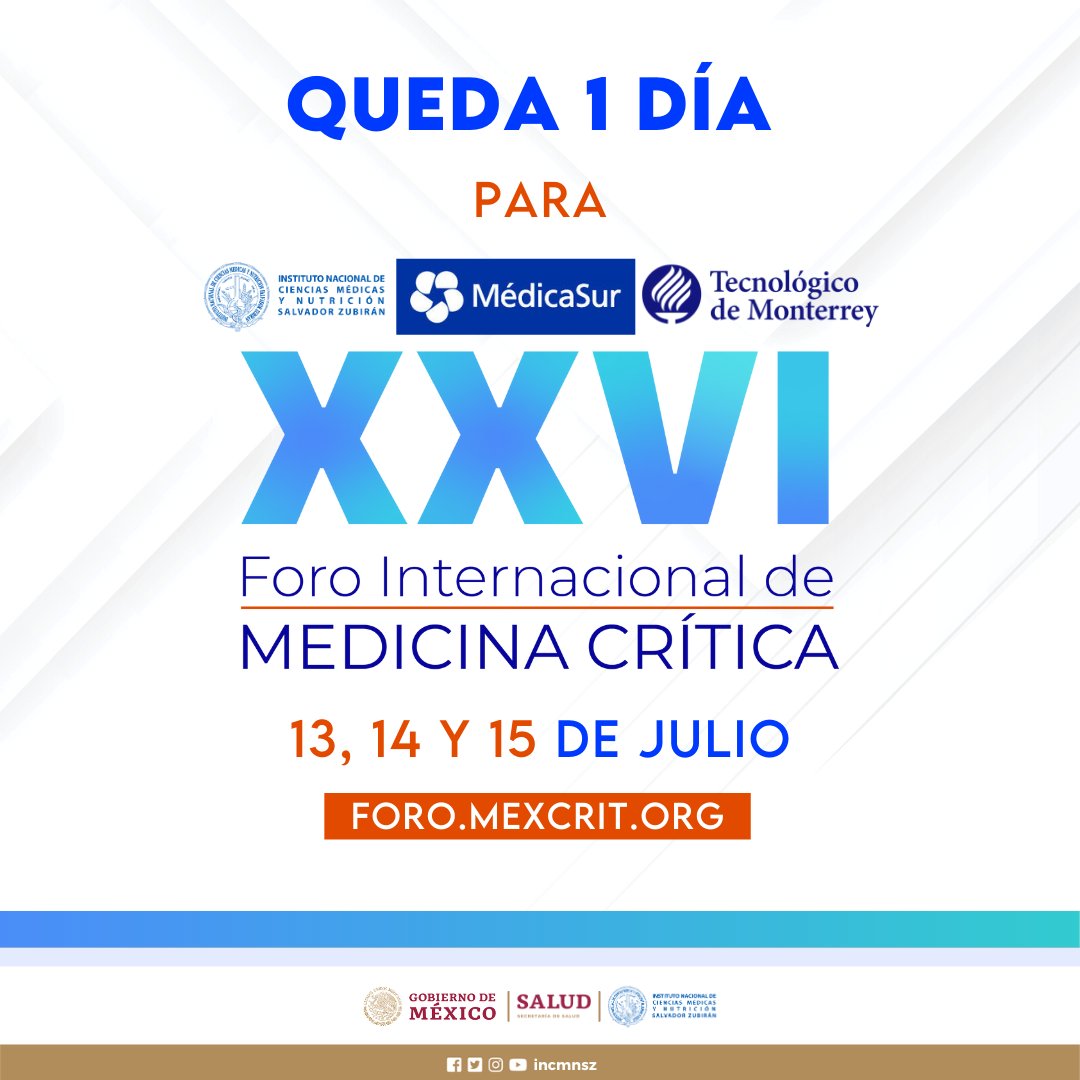incmnszmx's tweet photo. Estamos a solo 1 día del inicio del XXVI Foro MEXCRIT 2023.
📌Inscríbete https://t.co/gulLi6xSP9
Cupón: INV50
📍 Ubicación: Auditorio Médica Sur: Puente de Piedra 29-A, Toriello Guerra, Tlalpan, 14050, CDMX. (USO DE CUBREBOCAS OBLIGATORIO)
#ForoMC2023 #MEXCRIT #Cdmx https://t.co/k8scC2dG0v