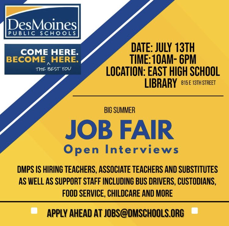 DMPS_Dining's tweet photo. Reminder- there’s a job fair tomorrow, July 13th at @Dsmeast! See you there!

#jobfair #dmps #foodandnutrition https://t.co/8DOxkPnLEN
