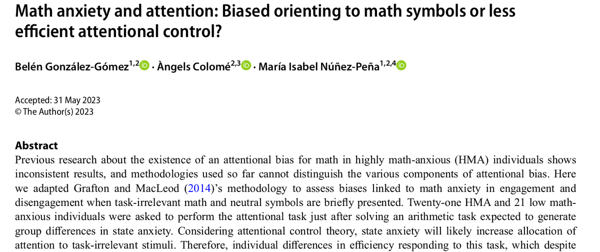 BlGonzalezGomez's tweet photo. Is #MathAnxiety related to an #AttentionalBias to math stimuli? Is it related to a less efficient control of attention when distractors are presented?

We address these questions in our last paper in Current Psychology: https://t.co/h3CQnbOmCM

@mathcogsociety @SpringerNature https://t.co/s6ZdOhkWTm
