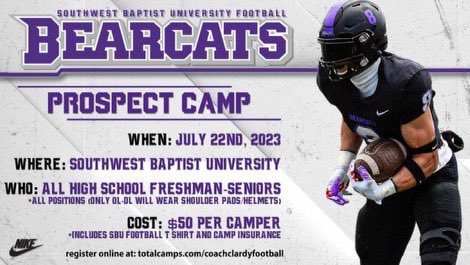 TyrellWhit17763's tweet photo. I will be at the southwest Baptist university prospect camp on July 22nd https://t.co/Gi84zTERfB