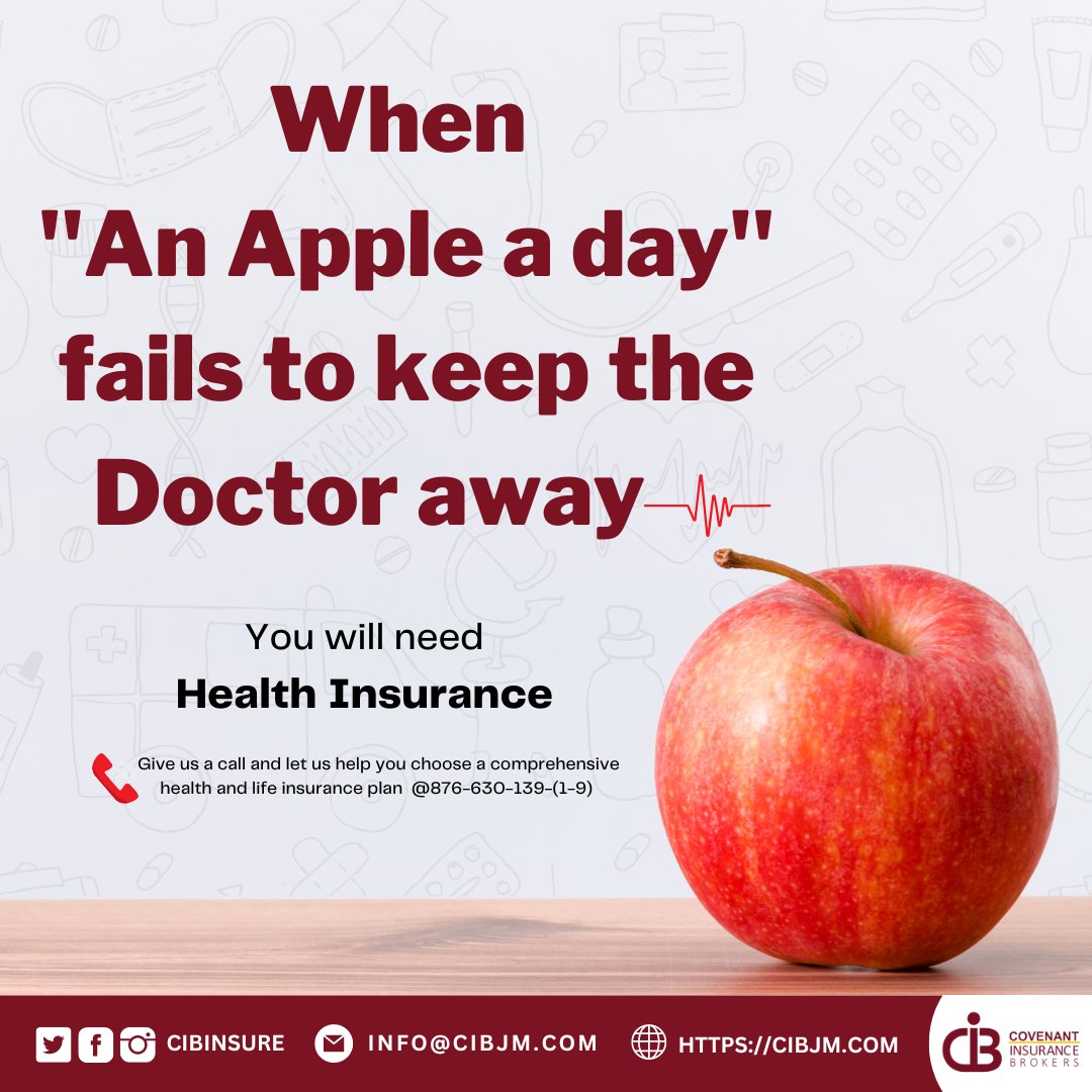 cibinsure's tweet image. 🍏😷 When an apple a day fails to keep the doctor away, you'll be grateful to have health insurance 😅🏥💙 Because let's face it, life happens, but we've got your back when it comes to protecting your well-being. ✨💪 

#HealthInsuranceMatters # #cibinsure #jamaican #TalkTheTruth
