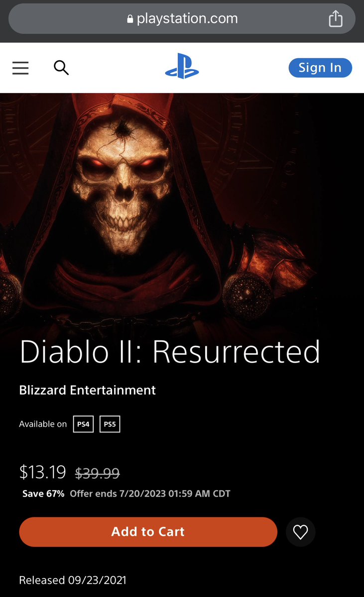 RT @ChrisRighteous: Diablo 2 resurrected is on sale on psn for $13 if anyone is interested. https://t.co/8ydOVUZ9z6