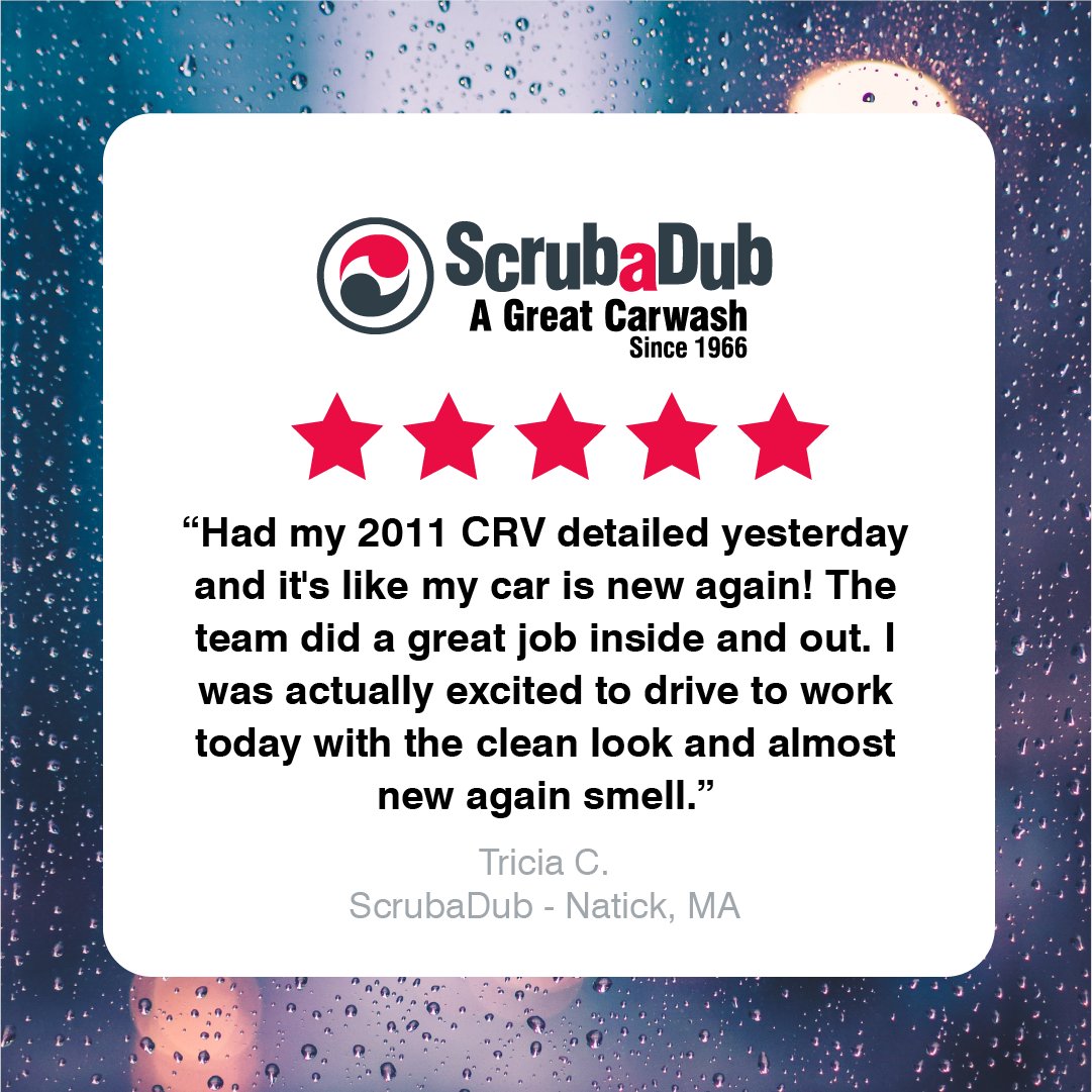 Thanks to Tricia for leaving us this stellar review about our #NatickMA interior detailing services! We love hearing from customers and keeping your cars #ScrubaDubClean !

#review #5star #massachusetts #carwash #interior #clean #interiorclean #cardetailing #natick