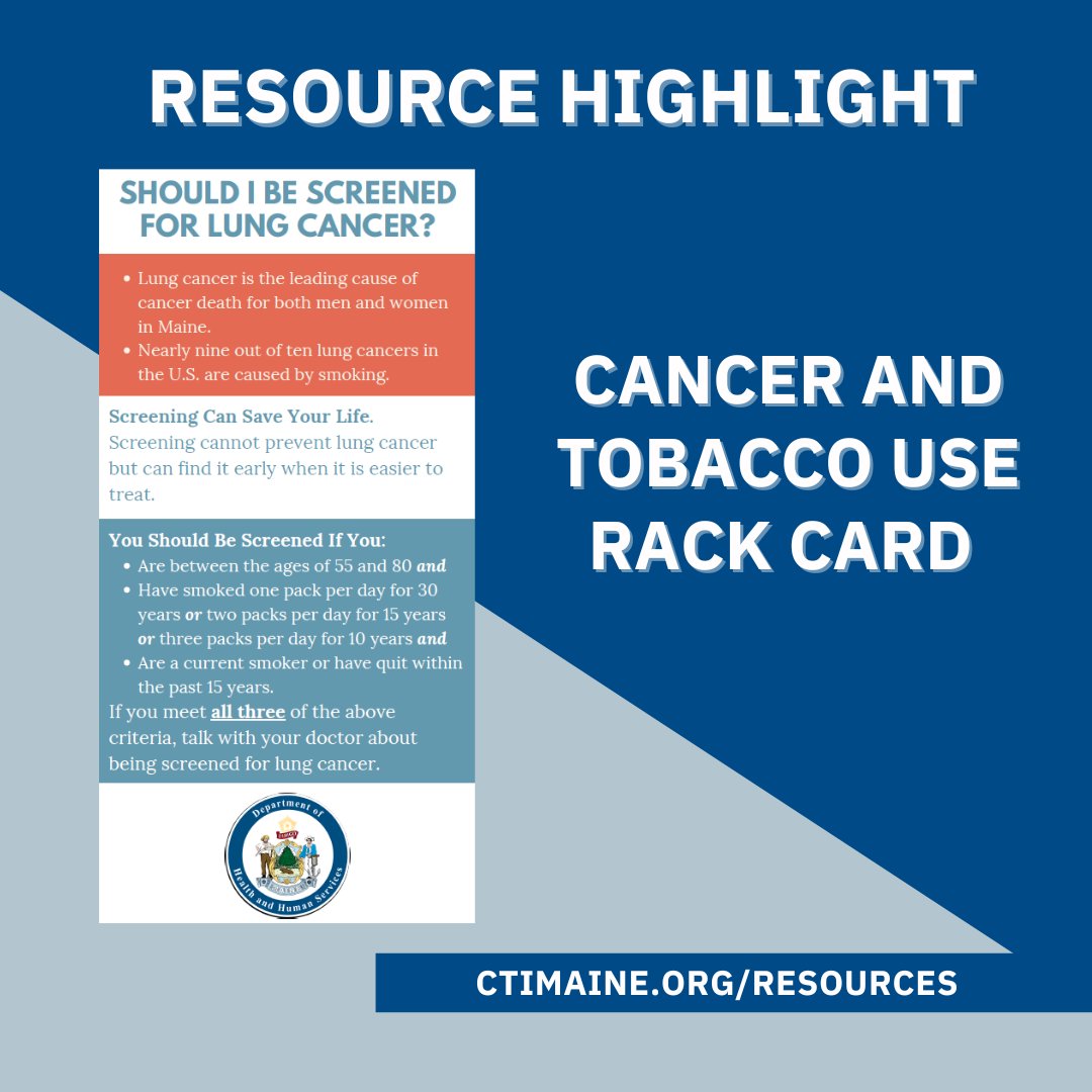 Resource Highlight: Cancer and Tobacco Use Rack Card 
Nearly 9 out of 10 lung cancers in the U.S. are caused by smoking. Learn how screening for lung cancer can help save lives. Find this resource and other free materials at MainePreventionStore.com/collections/to…