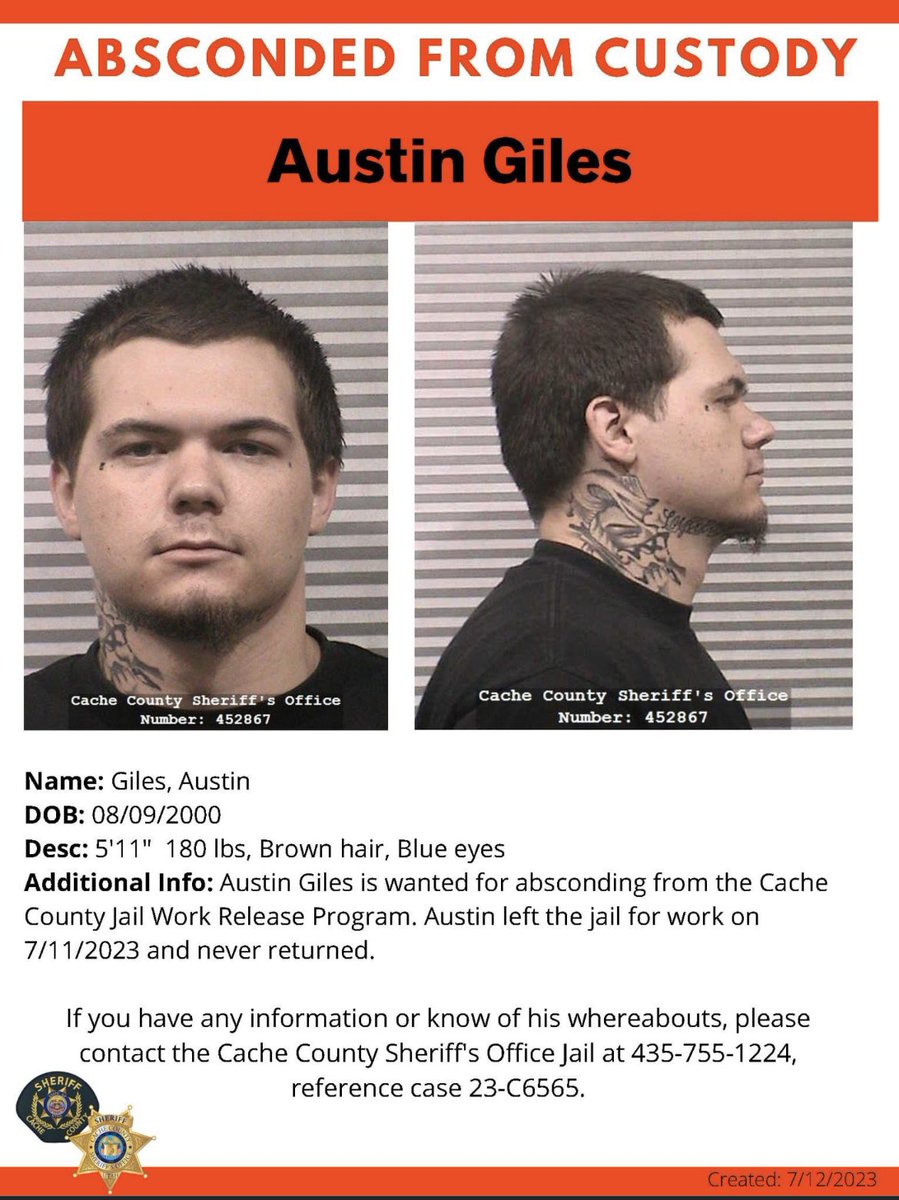 CacheSheriff's tweet image. BOLO: Austin Giles is wanted for absconding the Cache County Jail Work Release Program. If you have info on his whereabouts call 453-755-1224 ref case 23-C6565.