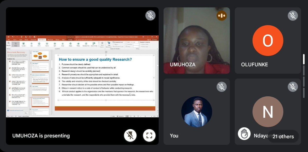 Firat_rwanda's tweet photo. HAPPENING NOW:
Our first serry of the Bimonthly Research Webinar Series is going on with @ddumuhoza
Topic: Fundamentals of Scientific Writing and Research
#Research
#StudentsInResearch https://t.co/6WaZC4CXKB
