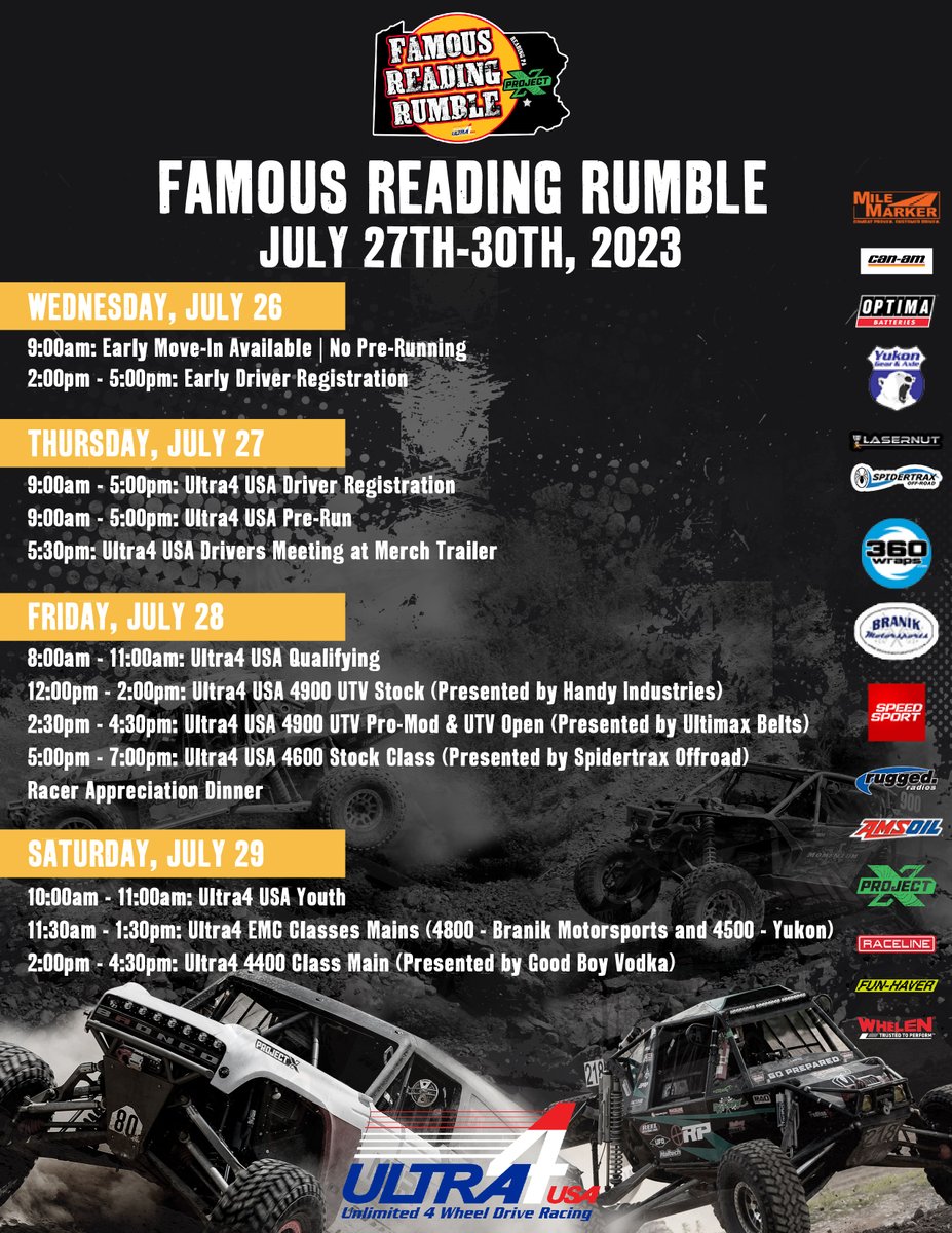 Just a few more weeks! The Famous Reading Rumble, presented by Project X Off-road is coming up and we can't wait!!!

Registration is open for all classes for the Ultra4 USA races: ultra4entry.com

#Ultra4PA #Ultra4Family #Ultra4USA #Ultra4East