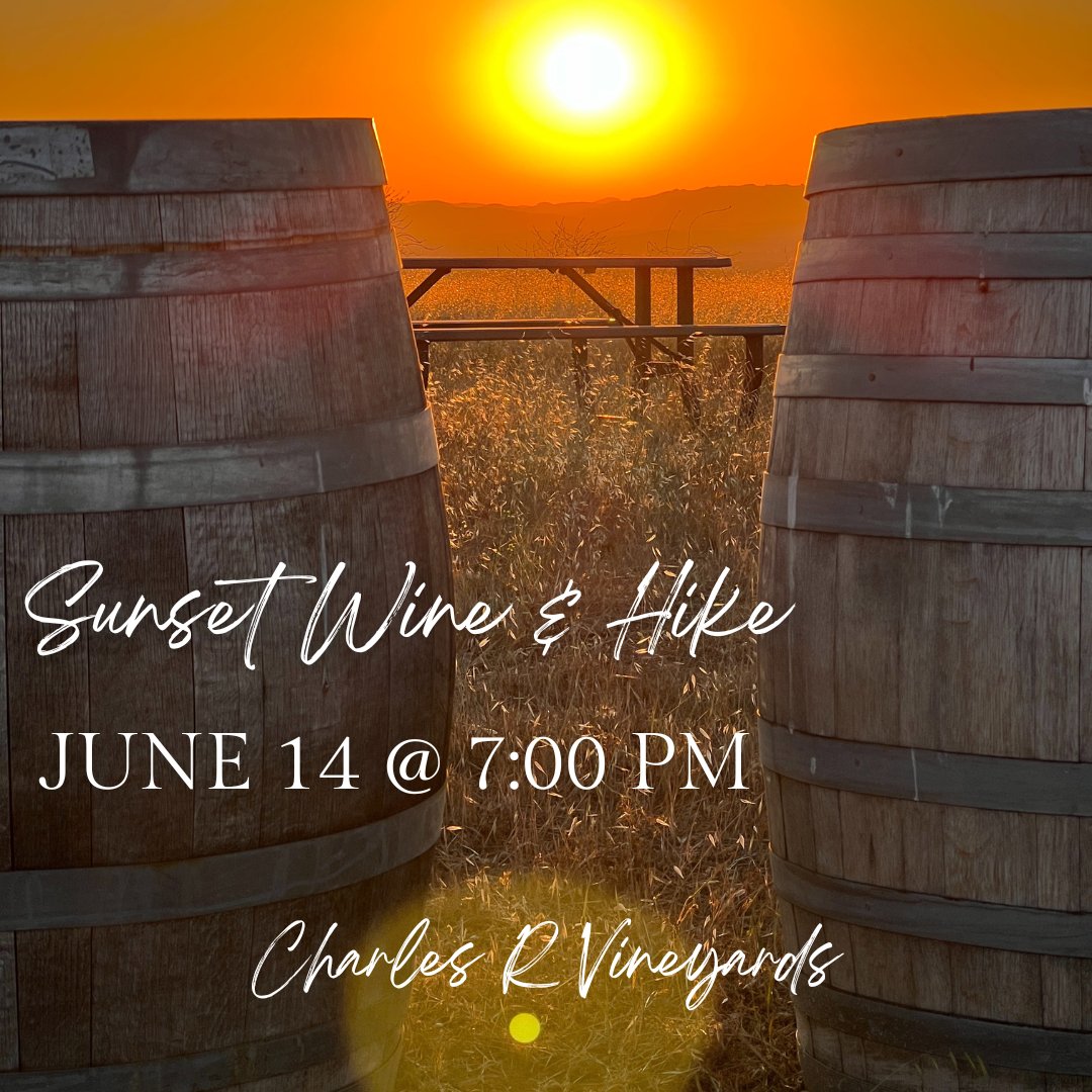 CharlesRWinery's tweet photo. Join us for our Sunset Hike on July 14 at 7:00 PM. We'll hike to our hill and watch the sun melt into the horizon. Our hike includes a bottle of wine for 2 and an individual charcuterie for each guest. Cost per person, Public-$65+tax per person/Club Member-$55.25+tax per person. https://t.co/en7DvKI2kO