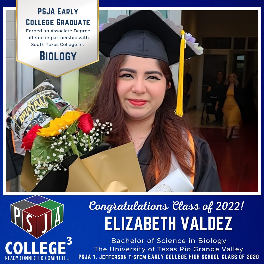 Congratulations to Elizabeth Valdez, PSJA T. Jefferson T-Stem ECHS Class of 2020 alum, for earning a Bachelor of Science in Biology from UTRGV - The University of Texas Rio Grande Valley!

Way to go!

#PSJAProud