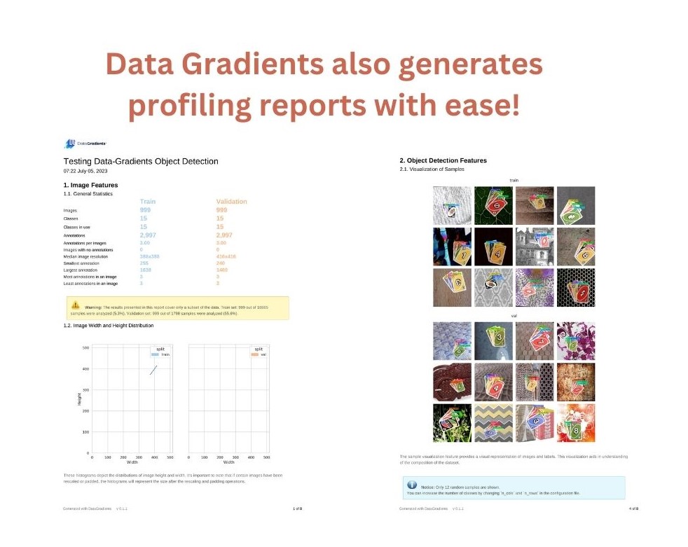 Following the completion of its investigation, DataGradients produces two files:

1. A PDF with statistics, graphs, and illustrations for the dataset features you choose to be examined

2. Json file with all retrieved raw metadata, but with no original data from your dataset.