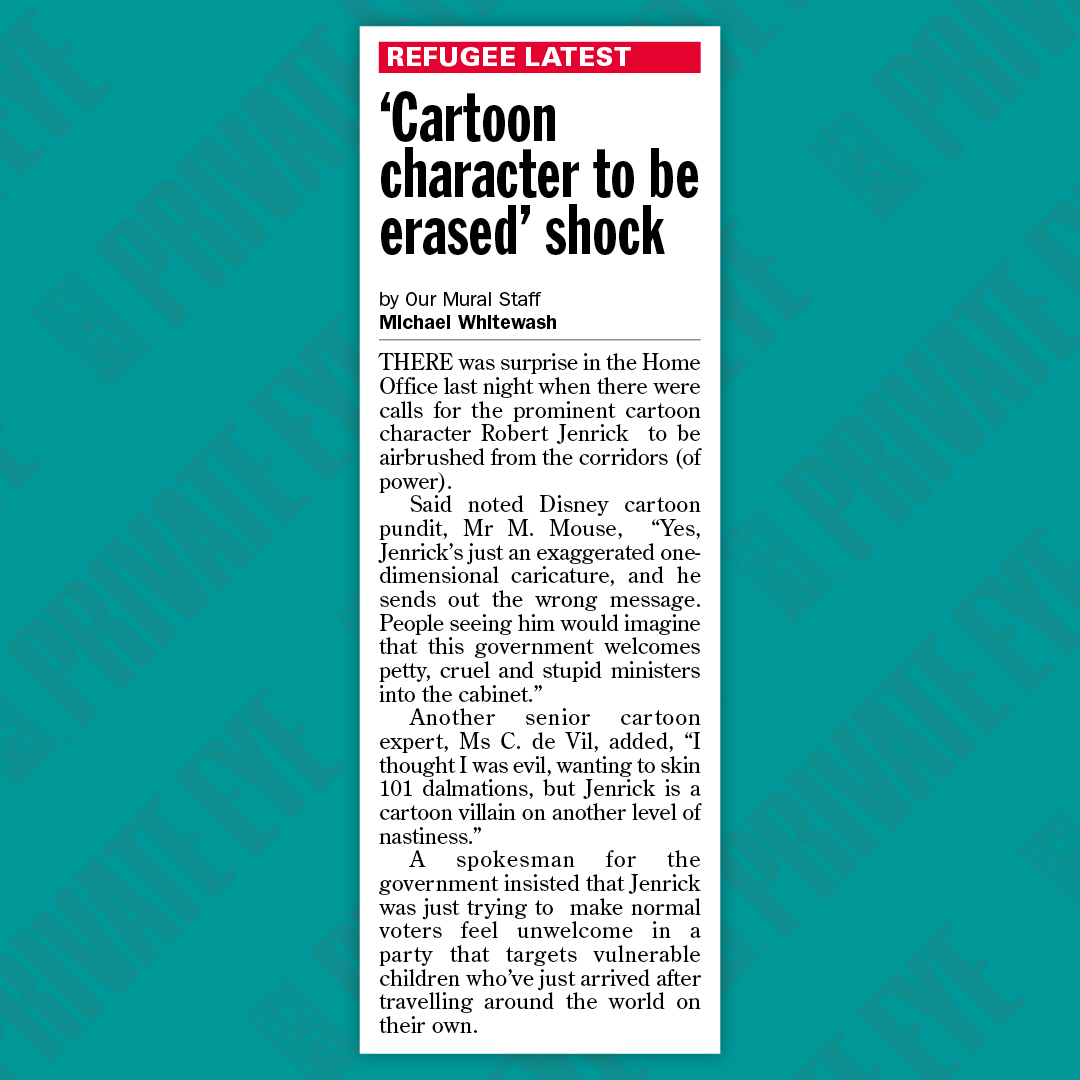 PrivateEyeNews's tweet photo. Calls for prominent cartoon character Rober Jenrick to be airbrushed from the corridors (of power), in the new Private Eye, out now. https://t.co/Q9ZnZFFENm