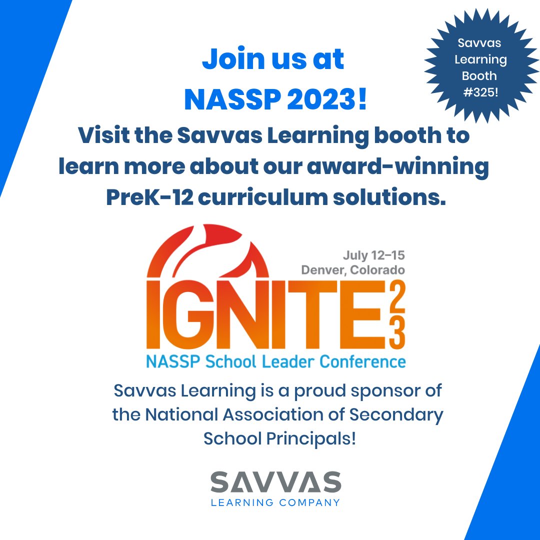 🎉 It's our first time exhibiting at the IGNITE 2023 NASSP Conference! Visit the @SavvasLearning booth this week to learn more about our award-winning PreK-12 curriculum solutions. 

#Ignite23 @NASSP #MovingLearningForward Savvas.com