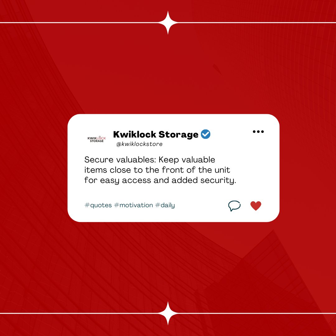 kwiklockstore's tweet image. When storing valuables, place them near the front of the unit for quick access and extra security. It's like having your own personal vault. Protect what's precious to you and enjoy peace of mind knowing they're within reach. #SecureValuables #EasyAccess #kwiklockstorage