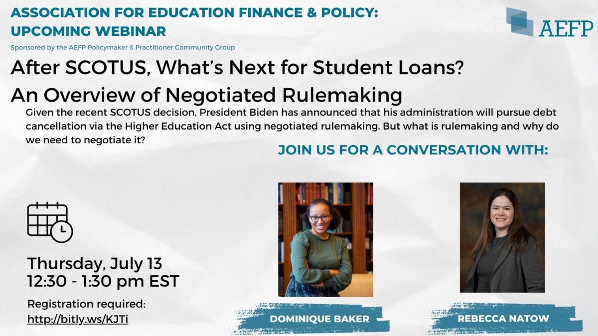 AEFP (@aefpweb) on Twitter photo Don't forget to register for this webinar, TOMORROW! Join <a href="/rebeccanatow/">Dr. Rebecca Natow</a> and @bakerdphd for a webinar discussion about what’s next for student loans and an overview of negotiated rulemaking. Register here: bitly.ws/KJTi Don't forget to register for this webinar, TOMORROW! Join <a href="/rebeccanatow/">Dr. Rebecca Natow</a> and @bakerdphd for a webinar discussion about what’s next for student loans and an overview of negotiated rulemaking. Register here: bitly.ws/KJTi