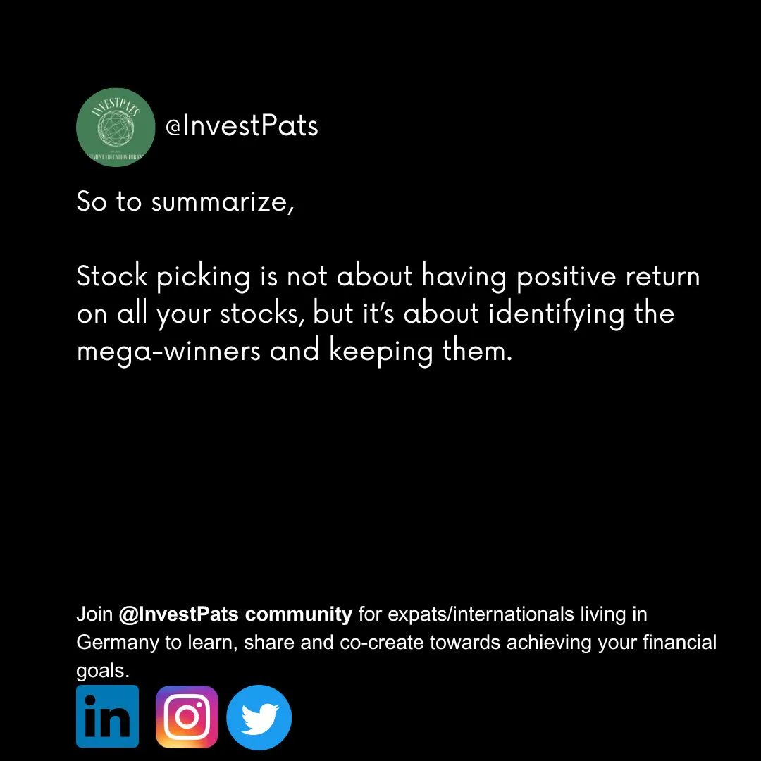 InvestPats's tweet photo. Stock picking is NOT about the amount of great stock picks.
It's all about the few mega-winners.
Let me explain.

#Investpats #Investment #Personalfinance #ETF #Investing #Germany #expats https://t.co/hO6gJhHNAz