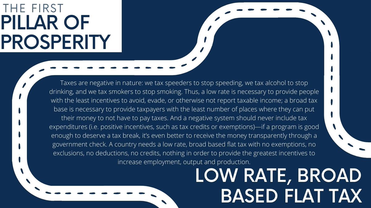 Taxes are negative in nature: we tax speeders to stop speeding, we tax alcohol to stop drinking, and we tax smokers to stop smoking. Thus, a low rate is necessary to provide people with the least incentives to avoid, evade, or otherwise not report taxable income; a broad tax base is necessary to provide taxpayers with the least number of places where they can put their money to not have to pay taxes. And a negative system should never include tax expenditures (i.e. positive incentives, such as tax credits or exemptions)-if a program is good enough to deserve a tax break, it's even better to receive the money transparently through a government check. A country needs a low rate, broad based flat tax with no exemptions, no exclusions, no deductions, no credits, nothing in order to provide the greatest incentives to increase employment, output and production.