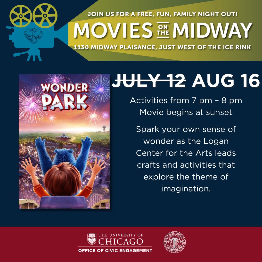 Due to continuing storms and the flood watch this evening, we are postponing tonight’s movie. Wonder Park will be rescheduled to August 16. Please join us next week, on July 19, for Minions: The Rise of Gru! Get more information here: uchic.ag/moviesmidway.