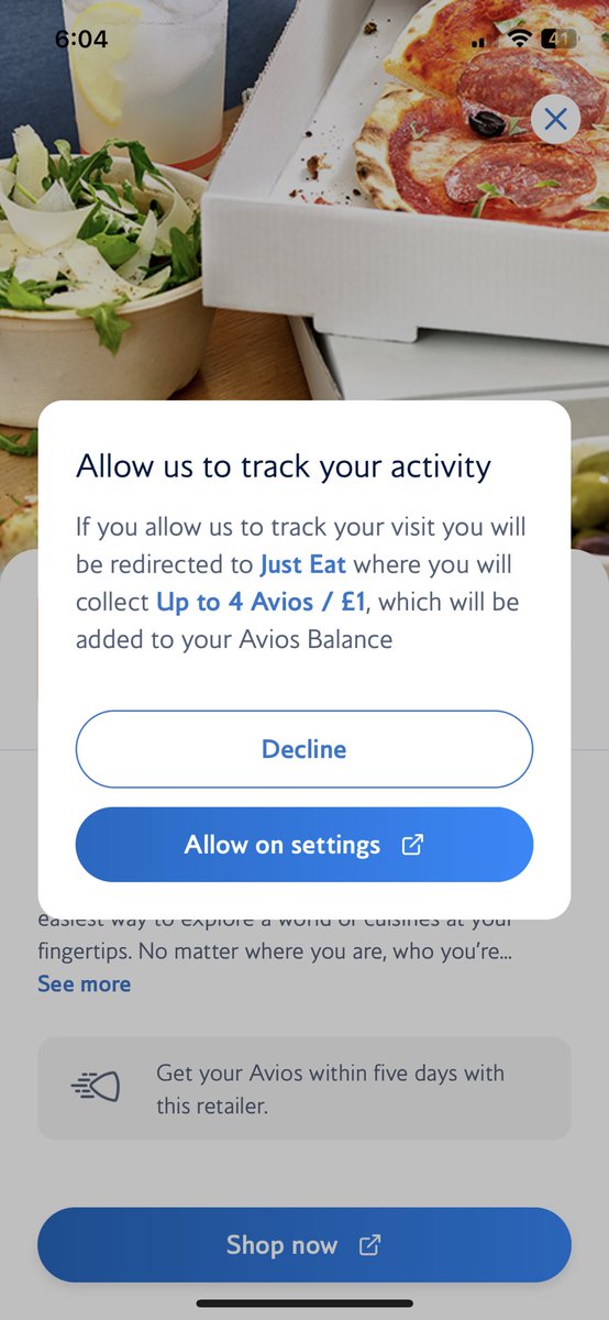 thematthall1981's tweet photo. @British_Airways Hi. Just another quick question for you. I’m trying to access just eat to earn more Avios points. It’s says please allow us to track activity. I’m allowing that however it doesn’t allow me to go any further. Can you advise what to do so I can use this function? https://t.co/ExadZOoJTF