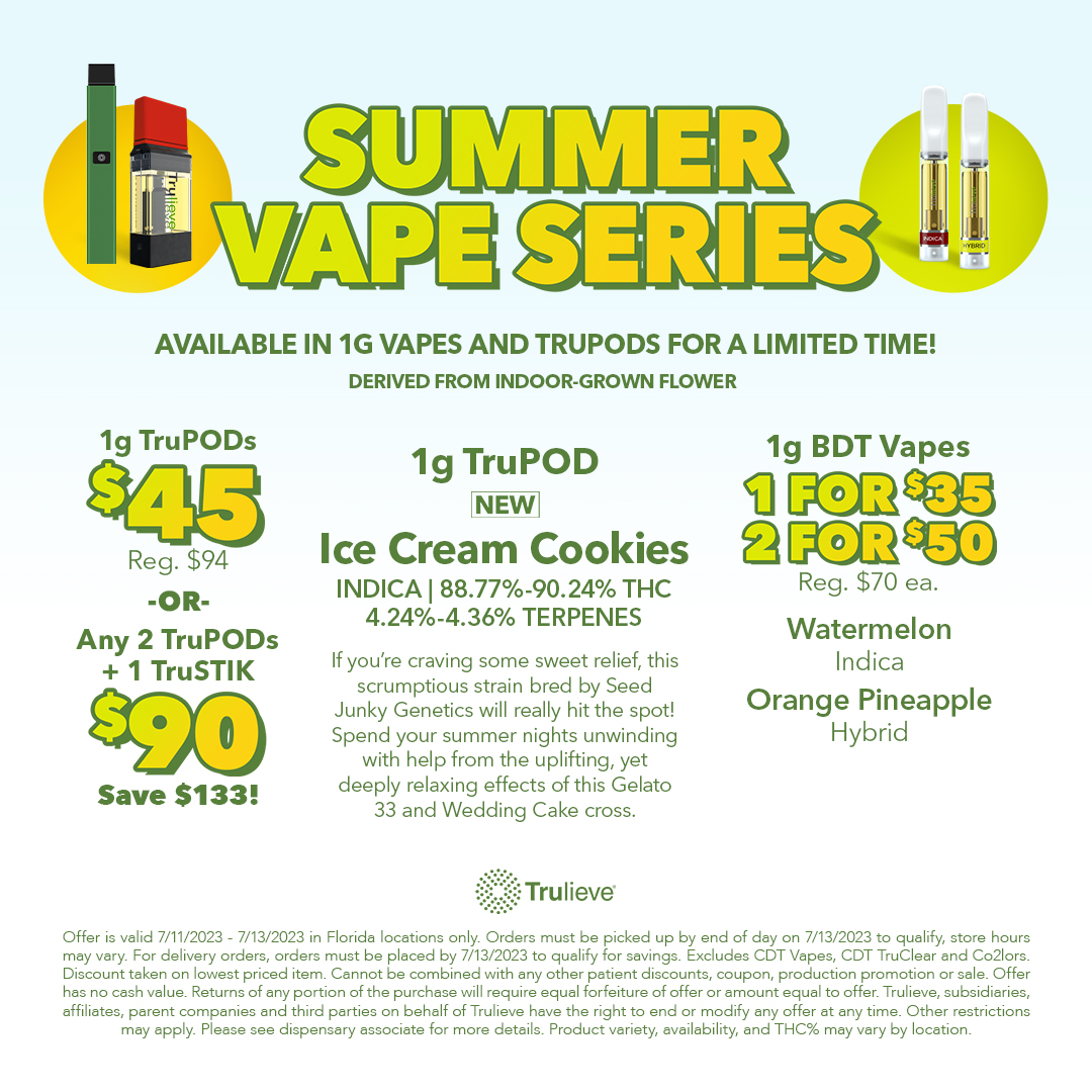 Trulieve's tweet photo. 🌞Summer is here & so are our #SummerVapesSeries !🌴 Experience the ultimate vape bliss with our new 1g #TruPod: Ice Cream Cookies.🍦🍪
Indulge in the deliciously cool, creamy flavors, perfectly crafted to satisfy your summer cravings.💨
#Vapes #SummerTime #Trulieve https://t.co/J96RjygJVX