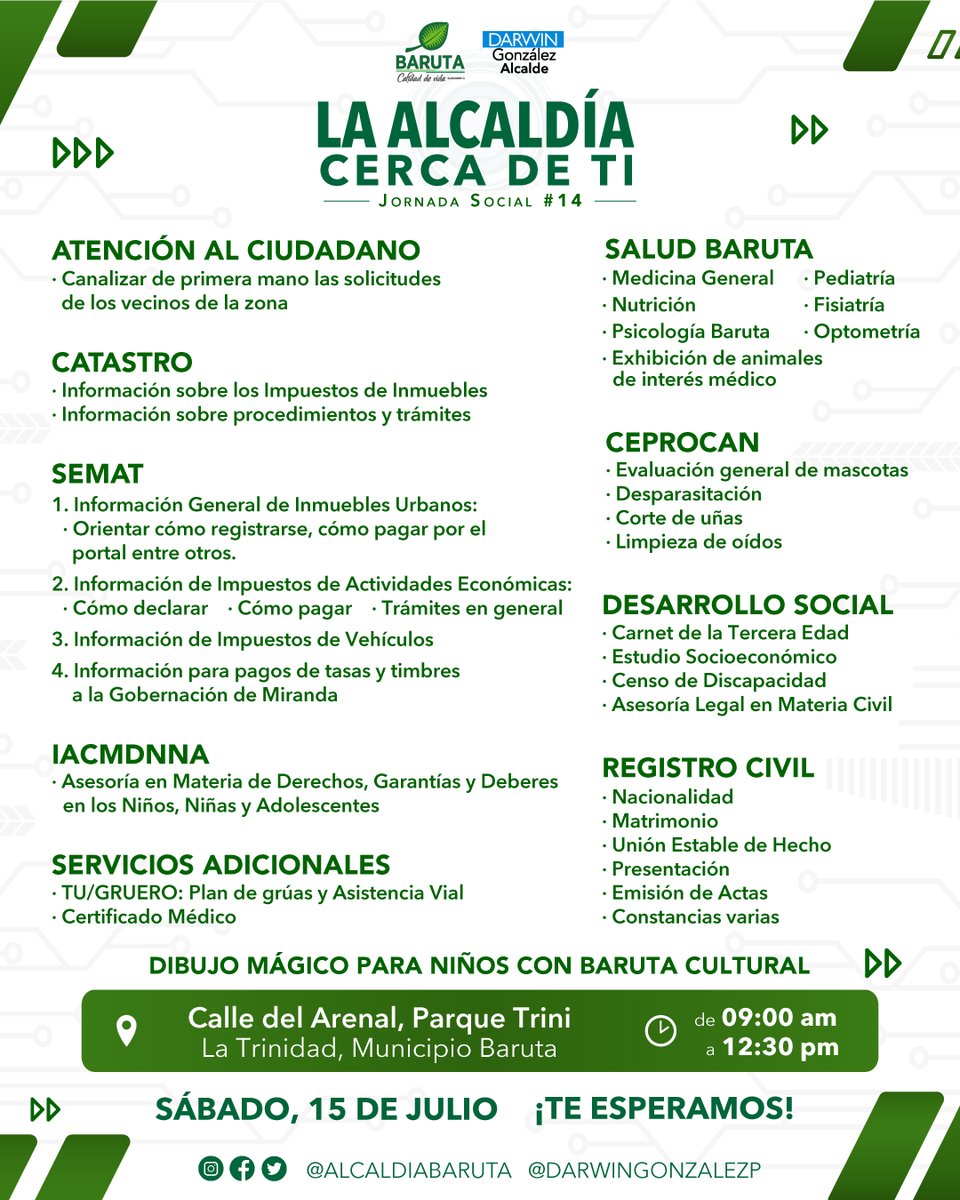 Alcaldía de Baruta (@alcaldiabaruta) on Twitter photo ¡La Alcaldía Cerca de Ti llega a #LaTrinidad!
Atención al Ciudadano, Registro Civil, Salud Baruta, SEMAT, Desarrollo Social,
<a href="/nnabaruta/">IACMDNNA Baruta</a>, Ceprocan, Catastro, Baruta Cultural, <a href="/tugruero/">TU/GRUERO®</a>.
🗓️ 15 de julio.
📍 Parque Trini.
🕐 9AM a 12:30 PM
¡Los esperamos! ¡La Alcaldía Cerca de Ti llega a #LaTrinidad!
Atención al Ciudadano, Registro Civil, Salud Baruta, SEMAT, Desarrollo Social,
<a href="/nnabaruta/">IACMDNNA Baruta</a>, Ceprocan, Catastro, Baruta Cultural, <a href="/tugruero/">TU/GRUERO®</a>.
🗓️ 15 de julio.
📍 Parque Trini.
🕐 9AM a 12:30 PM
¡Los esperamos!