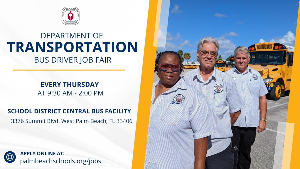 🔔 HAPPENING TOMORROW! The Department of Transportation is hosting a hiring event for bus drivers from 9:30 AM - 2 PM at 3376 Summit Blvd. West Palm Beach. The District offers flexible full-time schedules, great benefits package, a $2,500 sign-on bonus, and much more!