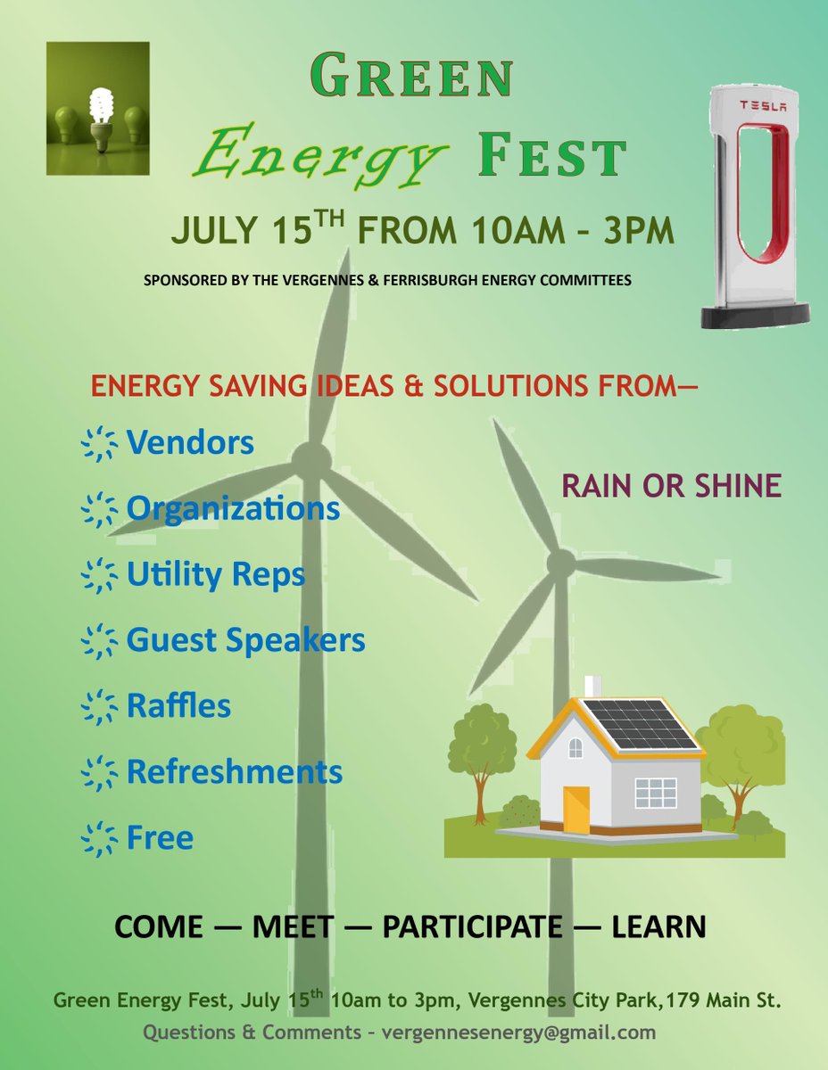 CountyAddison's tweet photo. Green Energy Fest is happening now! Come to Vergennes City Park now to learn about weatherization, solar options, electric vehicle charging, ask utility questions, enjoy kettle corn and Rainbow Ice, and enter raffles to win prizes! #addisoncountyvt #addisoncountychamber https://t.co/8SRSh5UuTu