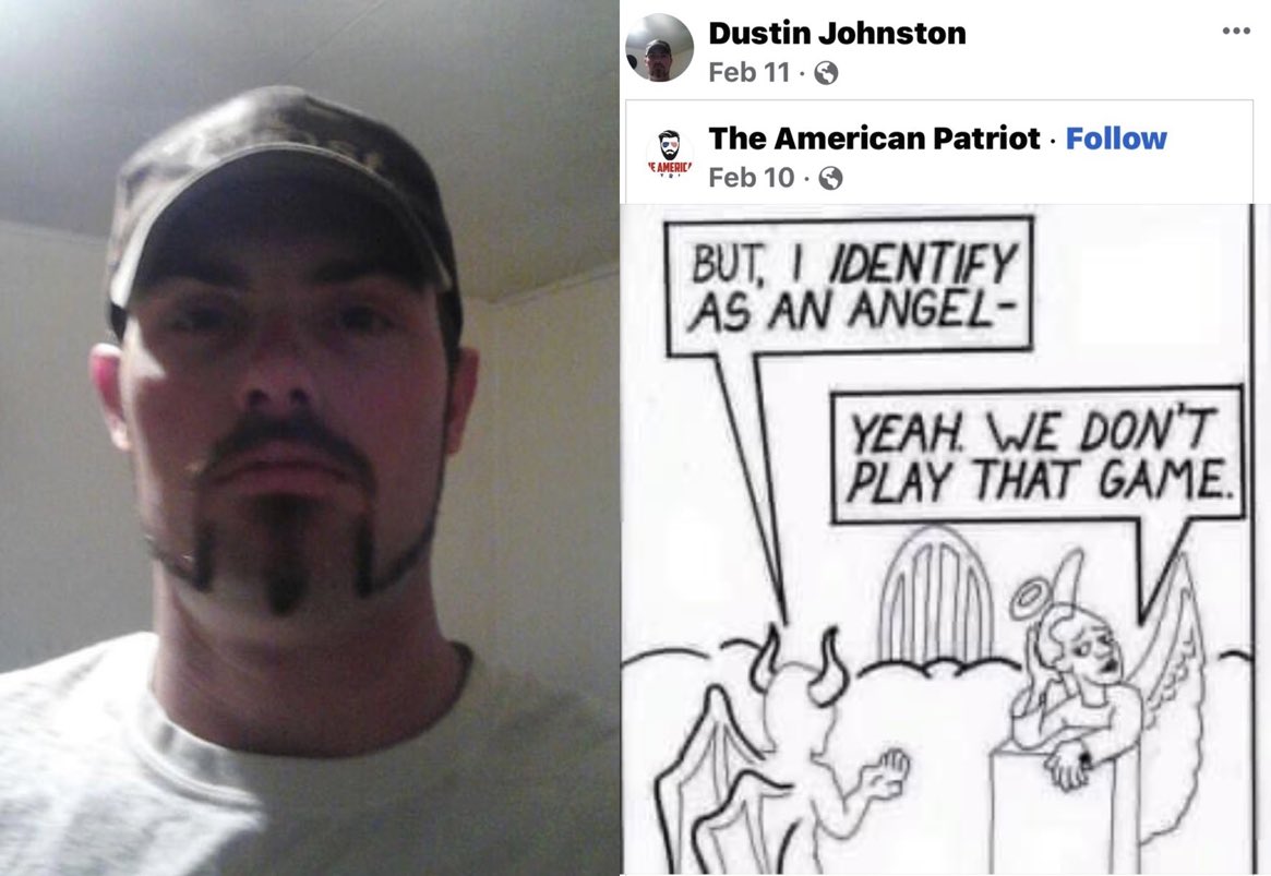 Missouri man, Dustin Johnston, has been arrested on 36 counts of child sex crimes for grooming &amp; raping a 12 yr old girl. 

He frequently posted “anti-woke” content on Facebook and was arrested at his mother’s house.