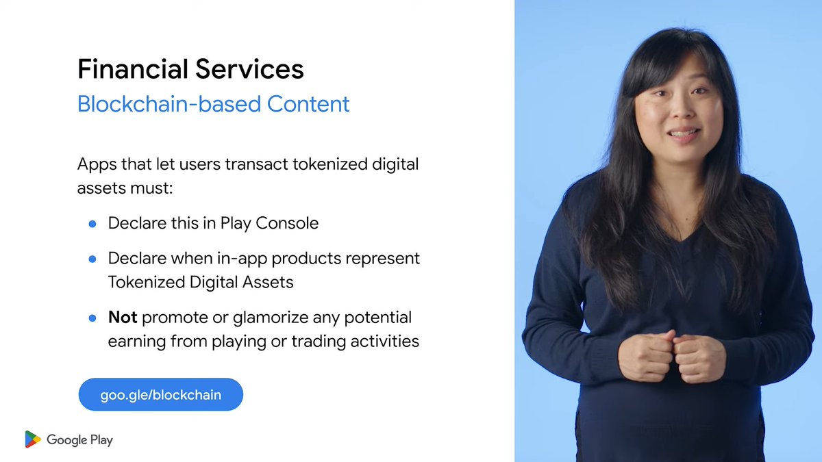 1) A new blockchain-based content policy that states that devs must complete a declaration for apps that enable users to transact blockchain-based digital content. Additional requirements apply for NFT gamification.