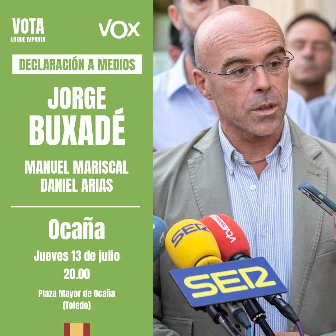 📣 Mañana <a href="/Jorgebuxade/">Jorge Buxadé</a> estará junto a <a href="/MariscalZabala/">ManuelMariscalZabala</a> _ y <a href="/dariveg/">Daniel Arias Vegas</a> visitando la provincia de #Toledo.

Concluirá en Ocaña con una declaración a medios en la Plaza Mayor a las 20:00 horas💪🏾.