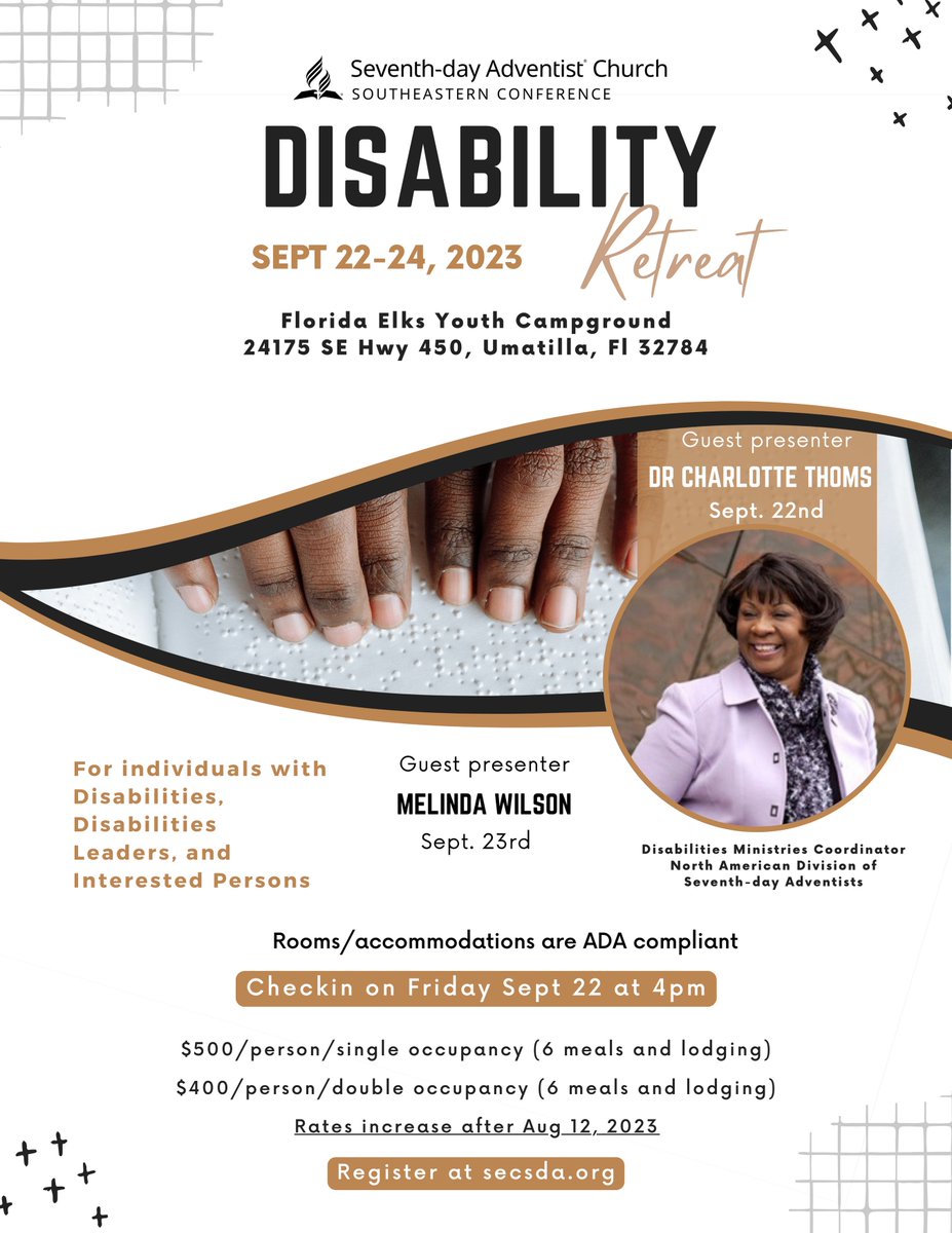 SEC invites all Disability Leaders and interested persons to register for the upcoming Disabily Retreat happening September 22-24th.  Copy and paste or Click the link to Register - fs6.formsite.com/AQCNly/1uy2ypz…
Don't forget to share the information with others.