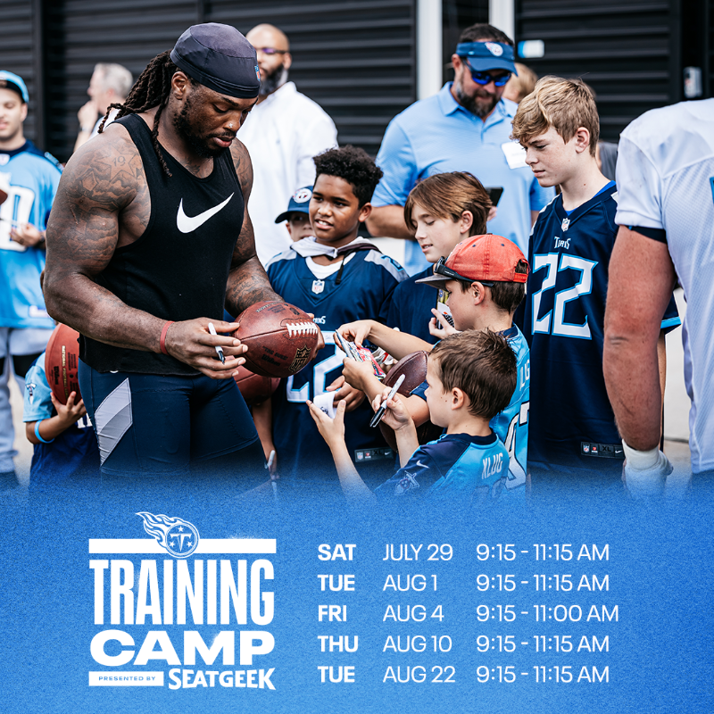 Titans's tweet photo. Training Camp dates are out!

Enter the lottery for your chance to attend 2023 Titans Training Camp presented by @SeatGeek