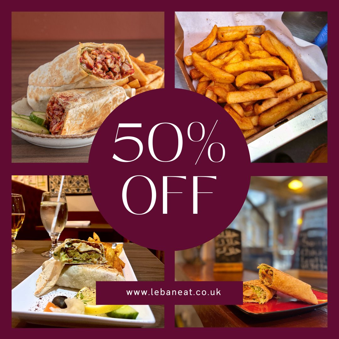 Lebaneat's tweet photo. Remember there's 50% off wraps for collection at our branches! Just go online https://t.co/W2C74f6yIU or download our app (available on App Store and Google Play Store). That's a Chicken Shawarma Wrap for only £4.47 and yes, it includes chips and garlic sauce #gooddeal https://t.co/7E6lOD2Oo5